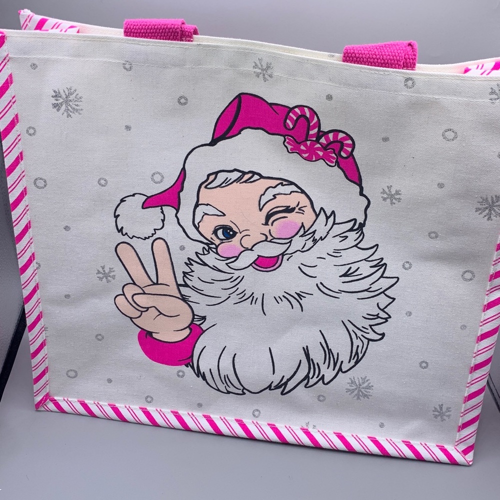 Pink-Accented Peace Winking Santa Tote Bag White Canvas Glitter Snowflakes